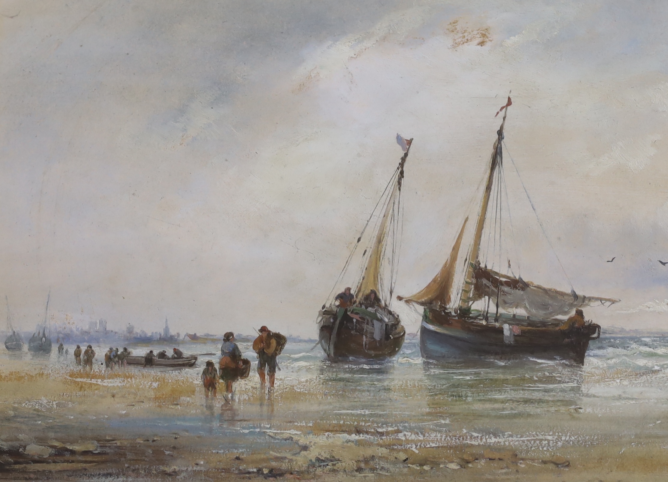 Attributed to James Baker Pyne (1800-1870), oil on board, Beached fishing boats and figures at low tide, unsigned, inscribed to the mount, 21 x 29cm, ornate gilt framed